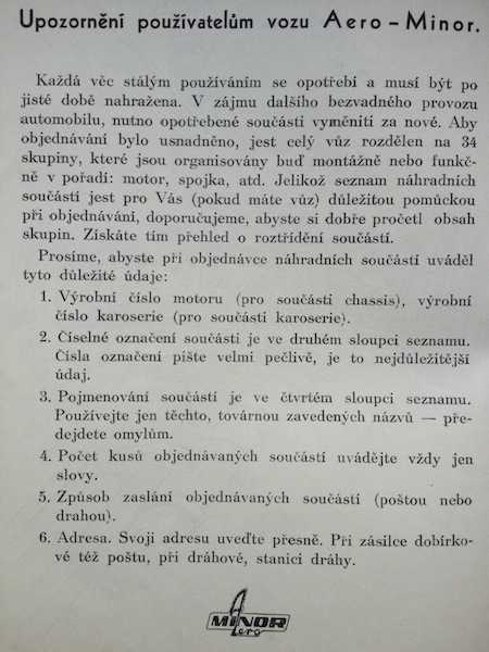 AERO-MINOR Katalog 1948 seznam nahradnich dilu