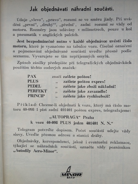 AERO-MINOR Katalog 1948 seznam nahradnich dilu
